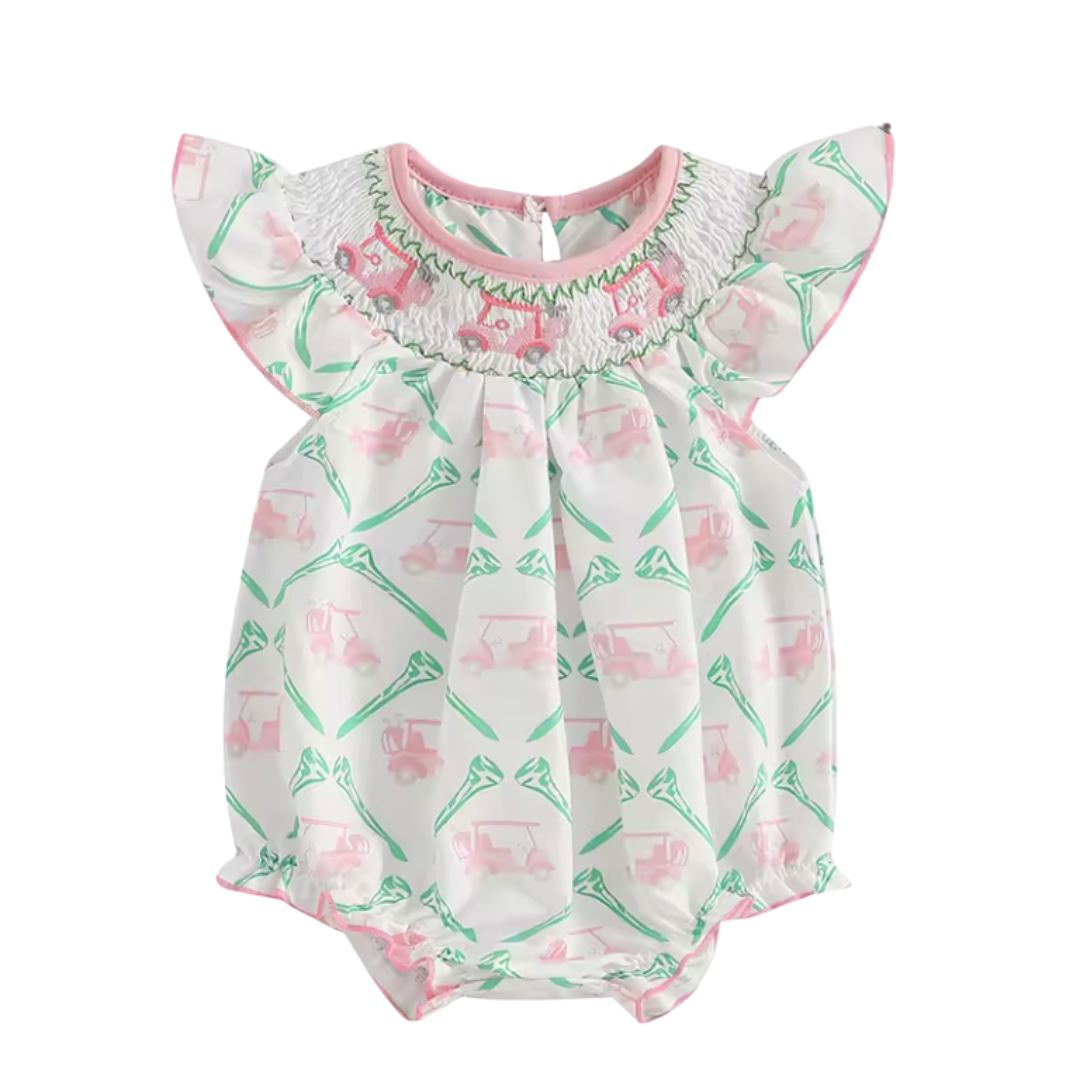 Pink Smocked Golf Cart Romper RTS