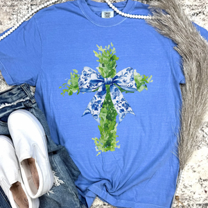 Boxwood Cross Graphic Tee- Flo Blue