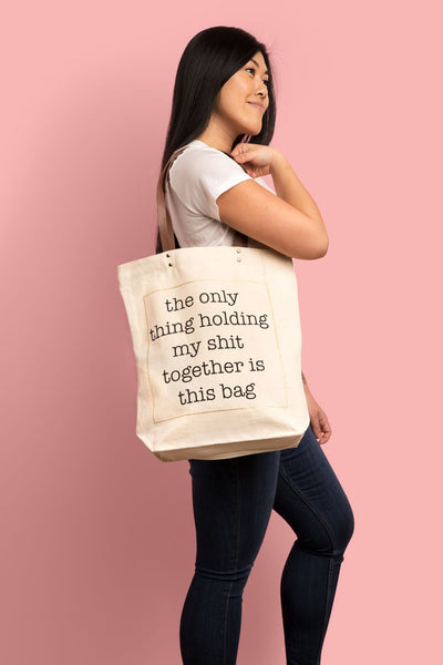 Holding My Shit Together Canvas Tote Bag - 15" x 16.5" - Faux Leather Handle